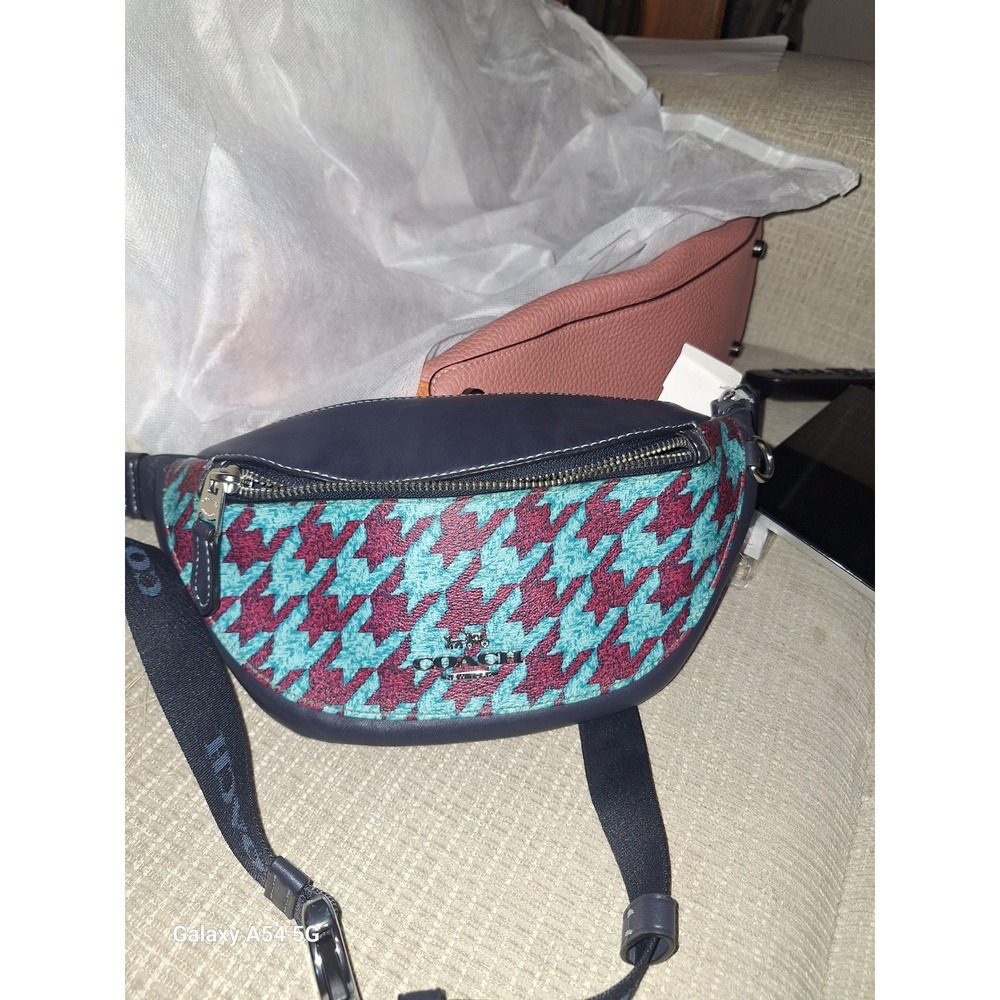 67. Coach Court Belt Bag Houndstooth Teal Burgundy Navy Leather C8711 Waist Pack